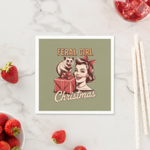 Feral Girl Christmas Opossum Xmas Trashy Retro Napkin
