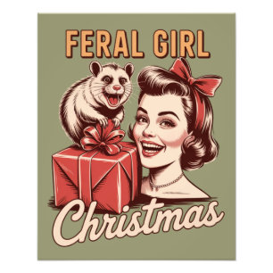 Feral Girl Christmas Opossum Xmas Trashy Retro Photo Print