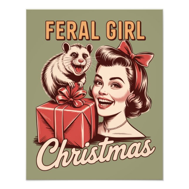 Feral Girl Christmas Opossum Xmas Trashy Retro Photo Print (Front)