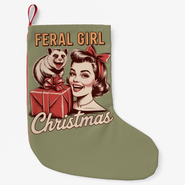 Feral Girl Christmas Opossum Xmas Trashy Retro Small Christmas Stocking (Front)