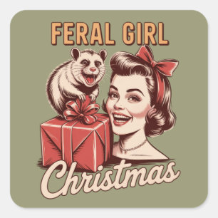 Feral Girl Christmas Opossum Xmas Trashy Retro Square Sticker
