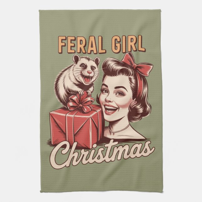 Feral Girl Christmas Opossum Xmas Trashy Retro Tea Towel (Vertical)