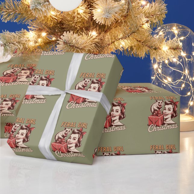 Feral Girl Christmas Opossum Xmas Trashy Retro Wrapping Paper (Holidays)