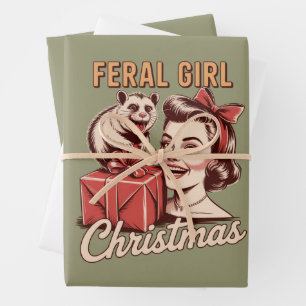 Feral Girl Christmas Opossum Xmas Trashy Retro Wrapping Paper Sheet