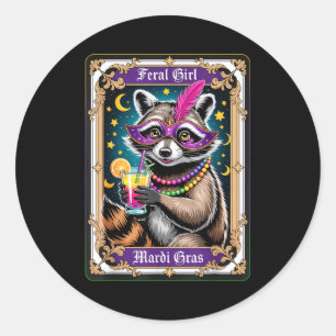 Feral girl mardi gras carnival colourful racoon classic round sticker