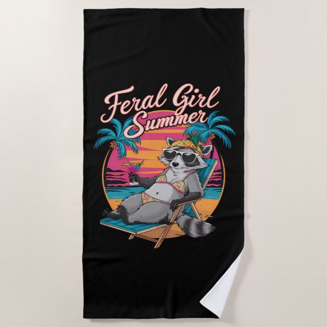 Feral Girl Summer Beach Funny Racoon Beach Towel (Front)