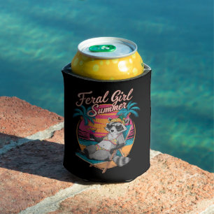 Feral Girl Summer Beach Funny Racoon Can Cooler
