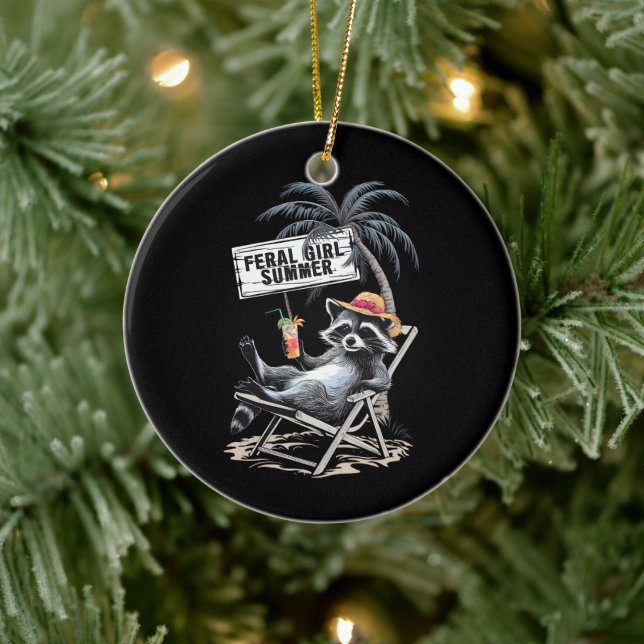 Feral Girl Summer Beach Funny Racoon Ceramic Ornament (Tree)