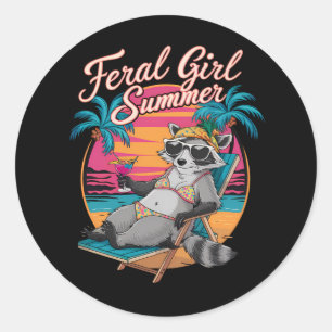 Feral Girl Summer Beach Funny Racoon Classic Round Sticker