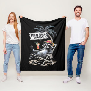 Feral Girl Summer Beach Funny Racoon Fleece Blanket