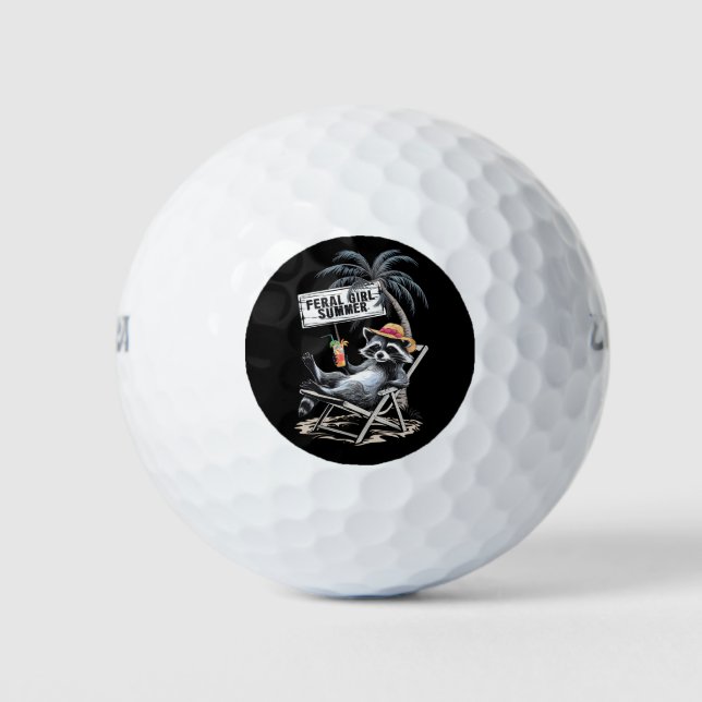 Feral Girl Summer Beach Funny Racoon Golf Balls (Front)