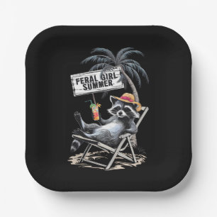 Feral Girl Summer Beach Funny Racoon Paper Plate
