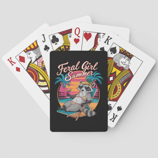Feral Girl Summer Beach Funny Racoon Playing Cards (Back)