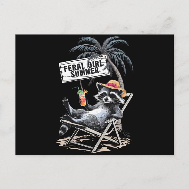 Feral Girl Summer Beach Funny Racoon Postcard (Front)