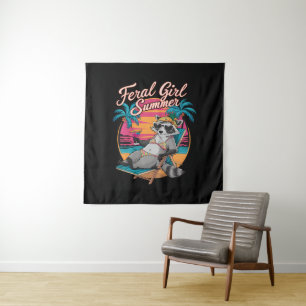 Feral Girl Summer Beach Funny Racoon Tapestry