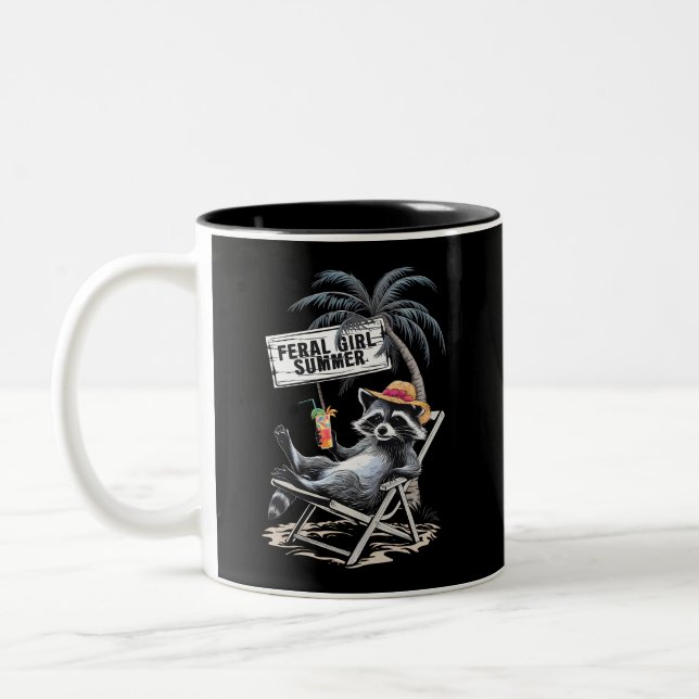 Feral Girl Summer Beach Funny Racoon Two-Tone Coffee Mug (Left)