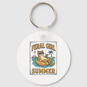 Feral Girl Summer Cat Float Vintage Shirt Design_1 Key Ring