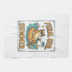 Feral Girl Summer Cat Float Vintage Shirt Design_1 Tea Towel