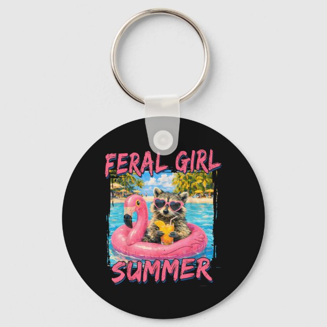 Feral Girl Summer Funny Racoon ol Float Beach Key Ring (Front)