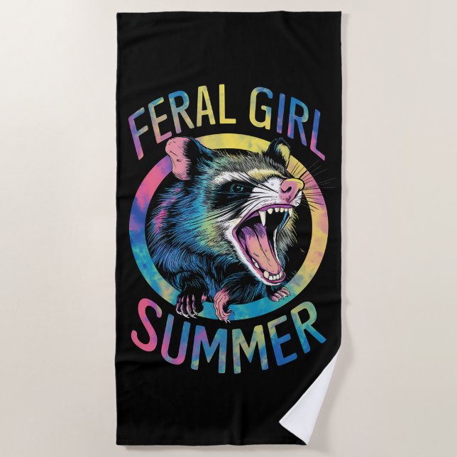 Feral Girl Summer Opossum Tie Dye Racoon Beach Towel (Front)