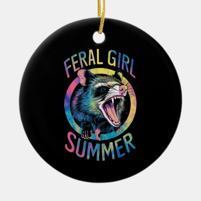 Feral Girl Summer Opossum Tie Dye Racoon Ceramic Ornament (Front)