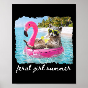 Feral Girl Summer Racoon Flamingo Summer Beach Poster