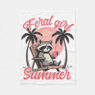 Feral Girl Summer Vacation Beach Raccoon Meme Tras Fleece Blanket