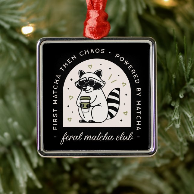 Feral matcha club funny racoon cool wild animal metal ornament (Tree)
