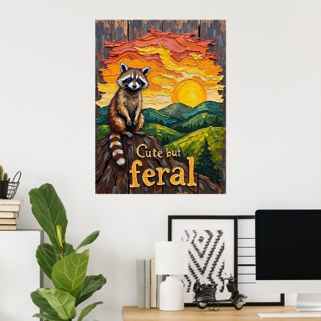 Feral Silhouette: Racoon Against Setting Sun Poster (Home Office)
