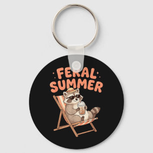 Feral Summer Racoon Drinking Iced Coffee Animal Key Ring