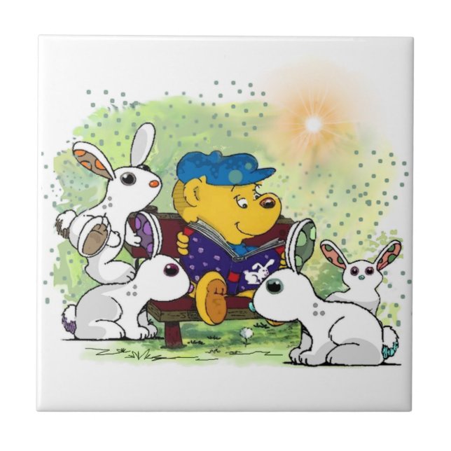 Ferald Reading To The Bunnies Ceramic Tile (Front)