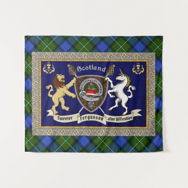 Fergusson Clan Badge & Tartan w/Motto Tapestry (Front (Horizontal))