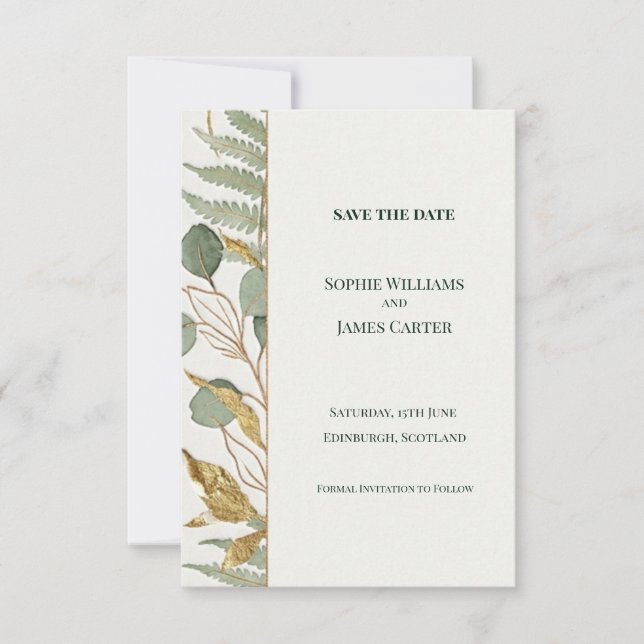 Fern Eucalyptus Gold Save The Date Card (Front)