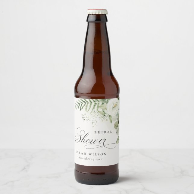 Fern Eucalyptus Greenery Foliage Bridal Shower Beer Bottle Label (Front)
