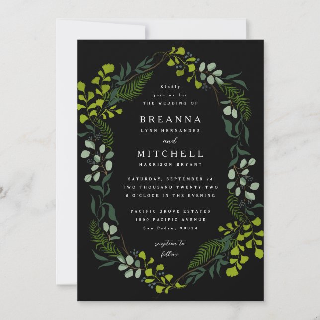 Fern Eucalyptus Hand-Drawn Greenery Black Wedding Invitation (Front)
