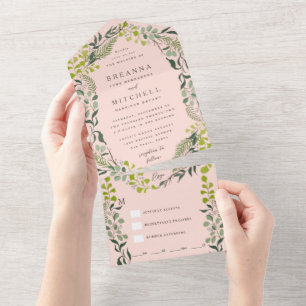 Fern Eucalyptus Hand-Drawn Greenery Blush Pink All In One Invitation