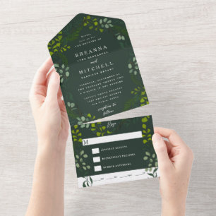 Fern Eucalyptus Hand-Drawn Greenery Dark Green All In One Invitation
