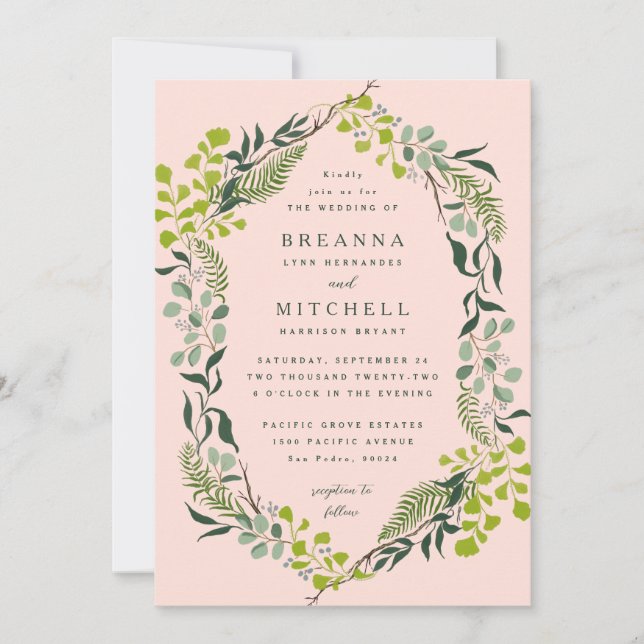 Fern Eucalyptus Hand-Drawn Greenery Pink Wedding Invitation (Front)