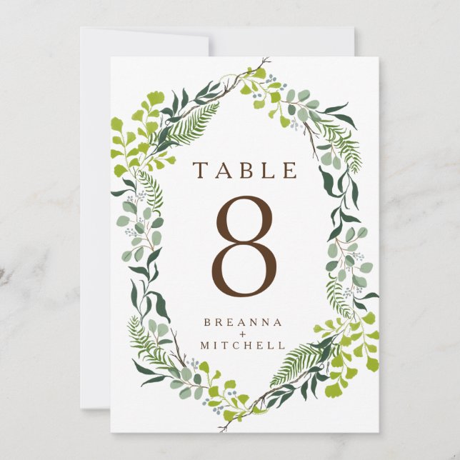 Fern Eucalyptus Hand-Drawn Greenery Table Number (Front)