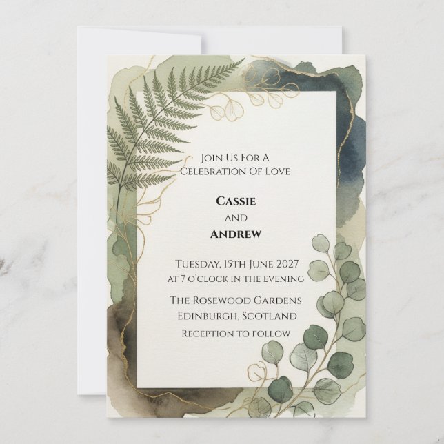 Fern Eucalyptus Watercolor Wedding Invite (Front)