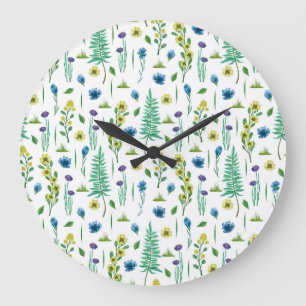 Fern Flowers Seamless Nature Pattern Large Clock