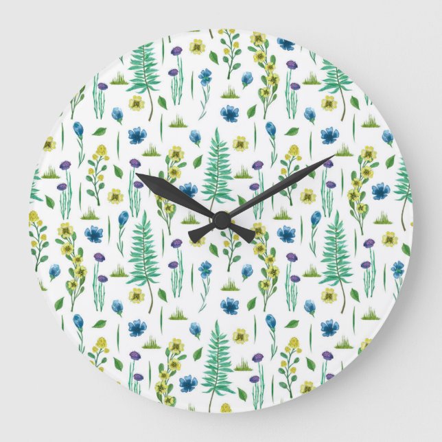 Fern Flowers Seamless Nature Pattern Large Clock (Front)