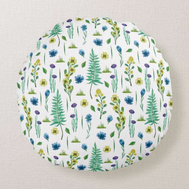 Fern Flowers Seamless Nature Pattern Round Cushion (Front)