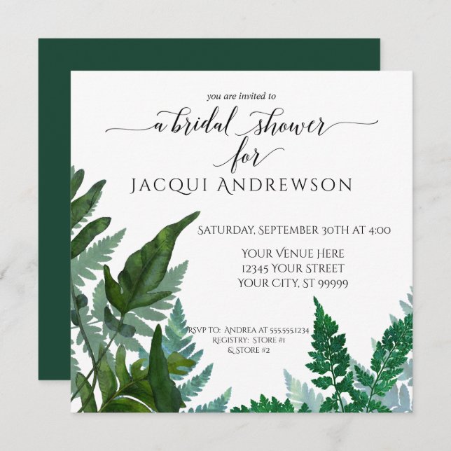 Fern Foliage Botanical Bridal Shower | Square Invitation (Front/Back)