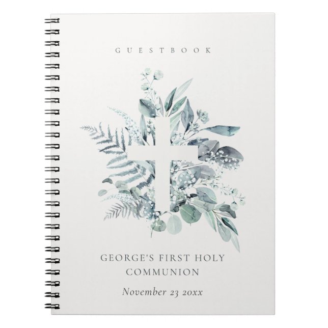 Fern Foliage Cross First Holy Communion Guestbook Notebook (Front)