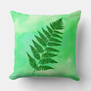 Fern Frond, Green on a Watercolor Background Cushion