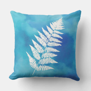 Fern Frond, White on Blue Watercolor Background Cushion