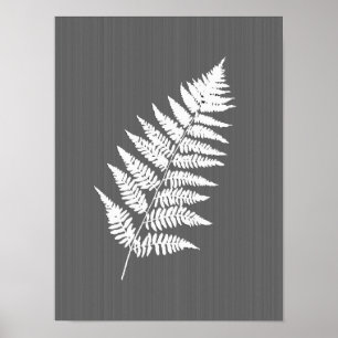 Fern Frond, White on Charcoal Grey / Grey Poster