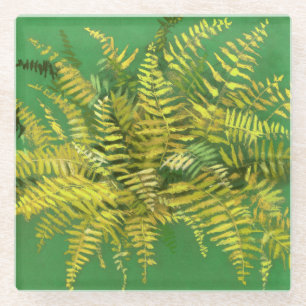 Fern, fronds, floral, green golden yellow greenery glass coaster