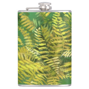 Fern, fronds, floral, green golden yellow greenery hip flask